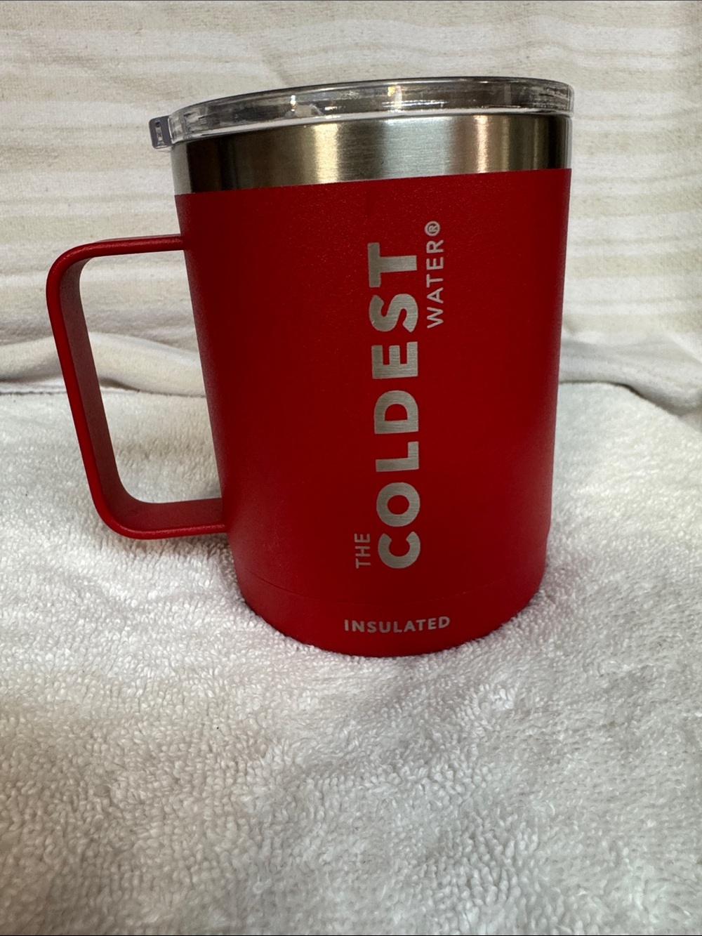Red Insulated Mug with Handle THE COLDEST WATER 10 Ounces